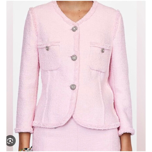 Zara Jackets & Blazers - Zara Pink Tweed Textured Rhinestone Button Jacket M